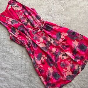 Rebecca Taylor Flowerpress Watercolor Silk Keyhole Sleeveless Dress Fuchsia Pink
